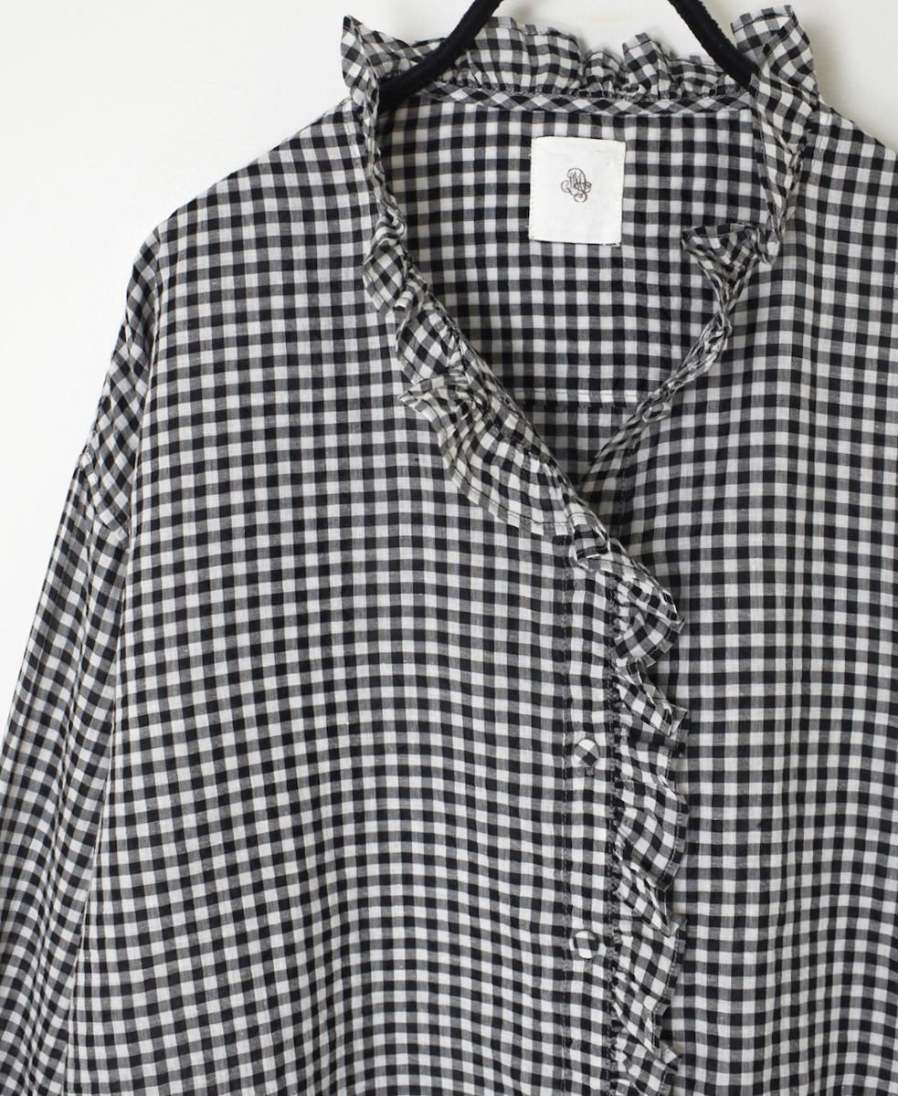 INMDS25022(シャツ) HANDWOVEN COTTON/SILK GINGHAM CHECK FRILL COLLAR SHIRT
