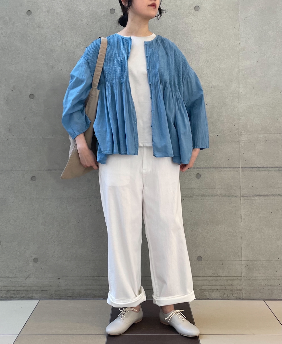 NMDS25213D(シャツ) 80s ORGANIC STRIPE(OVERDYE) CREW-NECK BUTTON SHIRT WITH MINI PINTUCK