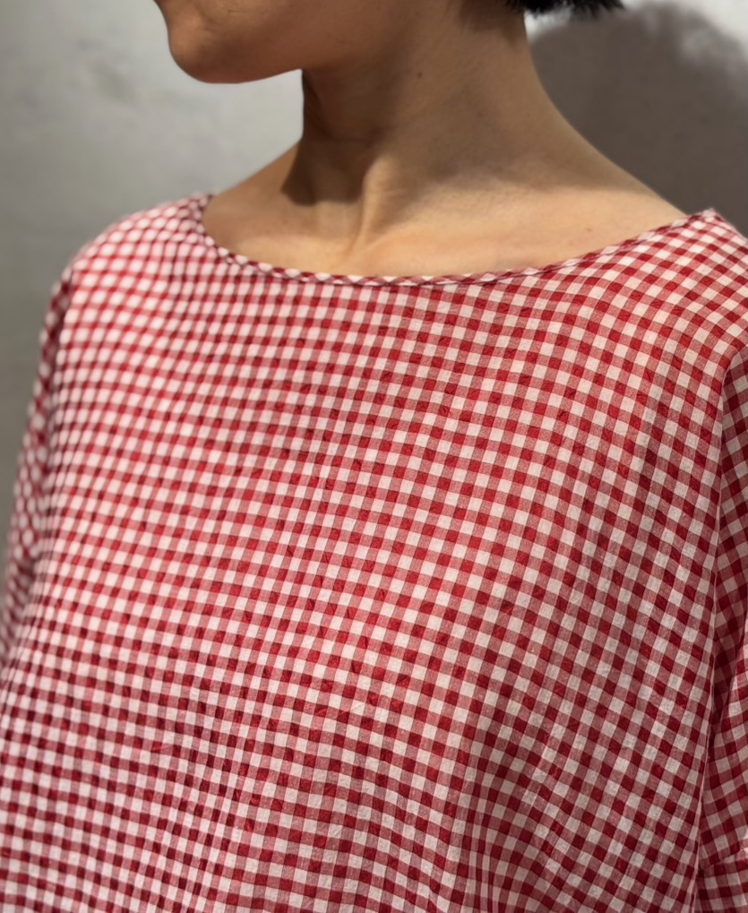 INMDS25024(ブラウス) HANDWOVEN COTTON/SILK GINGHAM CHECK DROP SHOULDER SMOCK