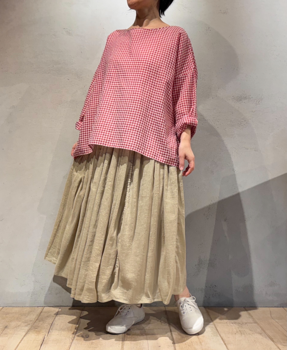 INMDS25024(ブラウス) HANDWOVEN COTTON/SILK GINGHAM CHECK DROP SHOULDER SMOCK