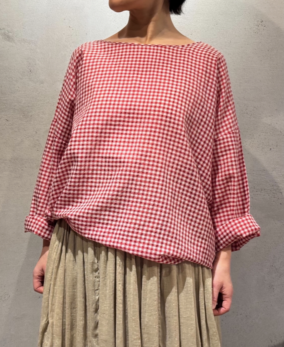 INMDS25024(ブラウス) HANDWOVEN COTTON/SILK GINGHAM CHECK DROP SHOULDER SMOCK