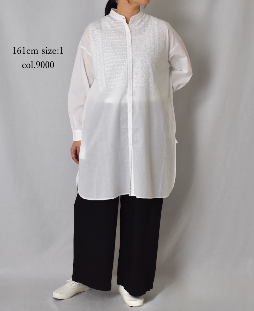 NMDS25204(チュニック) 60s ORGANIC CAMBRIC BANDED COLLAR EMB SHIRT TUNIC