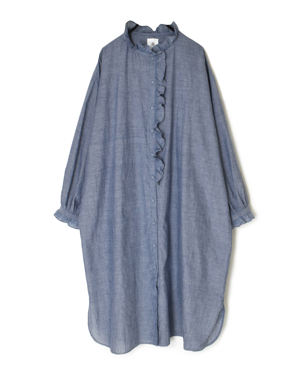 INMDS25064(シャツ) HANDWOVEN YARN DYE NATURAL INDIGO CHAMBRAY FRILL COLLAR LONG SHIRT
