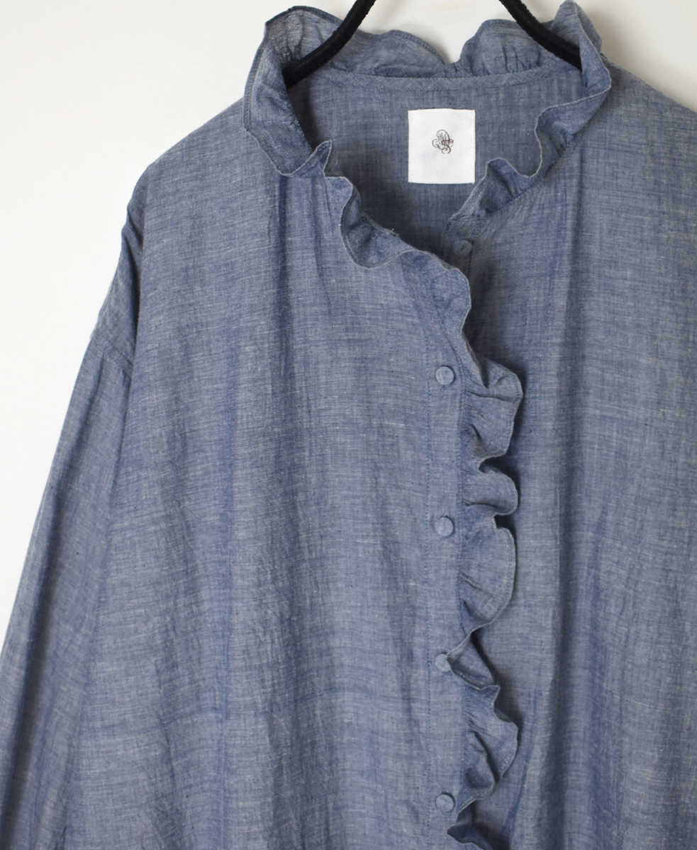 INMDS25064(シャツ) HANDWOVEN YARN DYE NATURAL INDIGO CHAMBRAY FRILL COLLAR LONG SHIRT