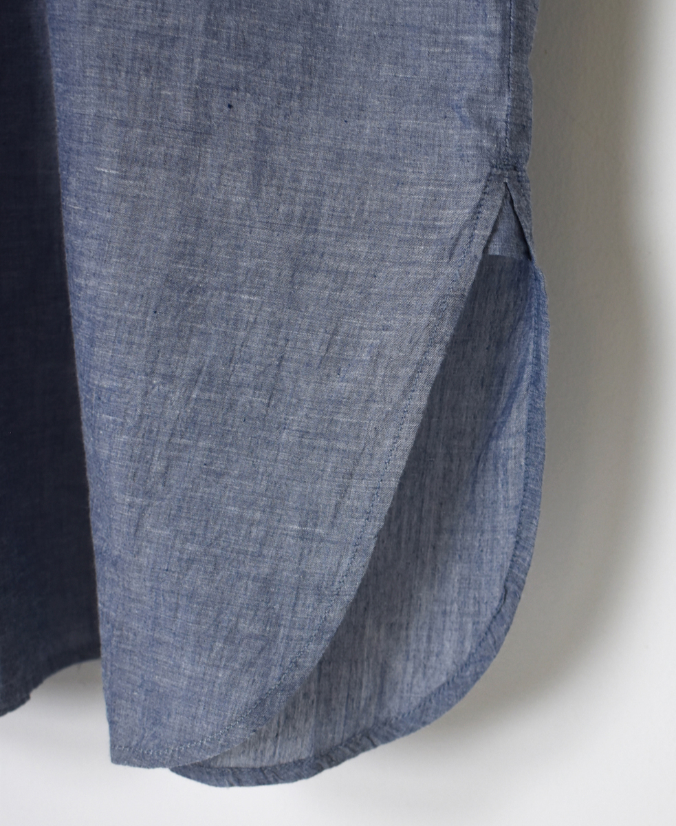 INMDS25064(シャツ) HANDWOVEN YARN DYE NATURAL INDIGO CHAMBRAY FRILL COLLAR LONG SHIRT