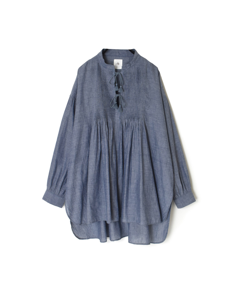 INMDS25063(シャツ) HANDWOVEN YARN DYE NATURAL INDIGO CHAMBRAY BANDED COLLAR PINTUCK TUNIC