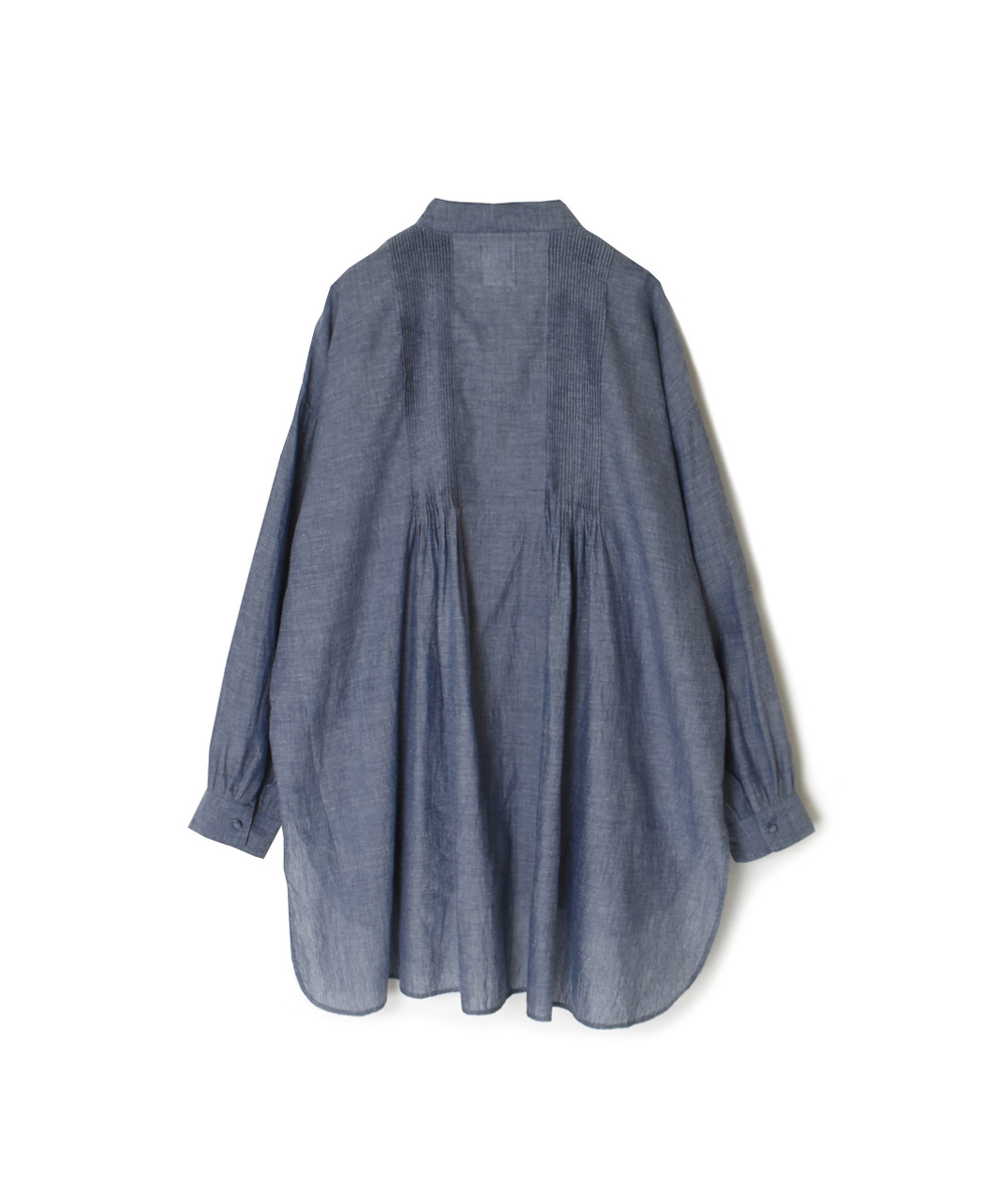 INMDS25063(シャツ) HANDWOVEN YARN DYE NATURAL INDIGO CHAMBRAY BANDED COLLAR PINTUCK TUNIC