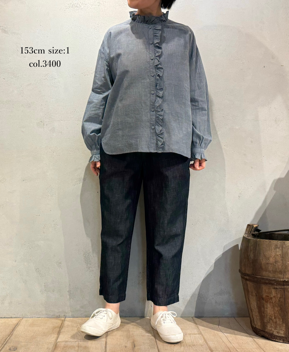INMDS25062(シャツ) HANDWOVEN YARN DYE NATURAL INDIGO CHAMBRAY FRILL COLLAR SHIRT