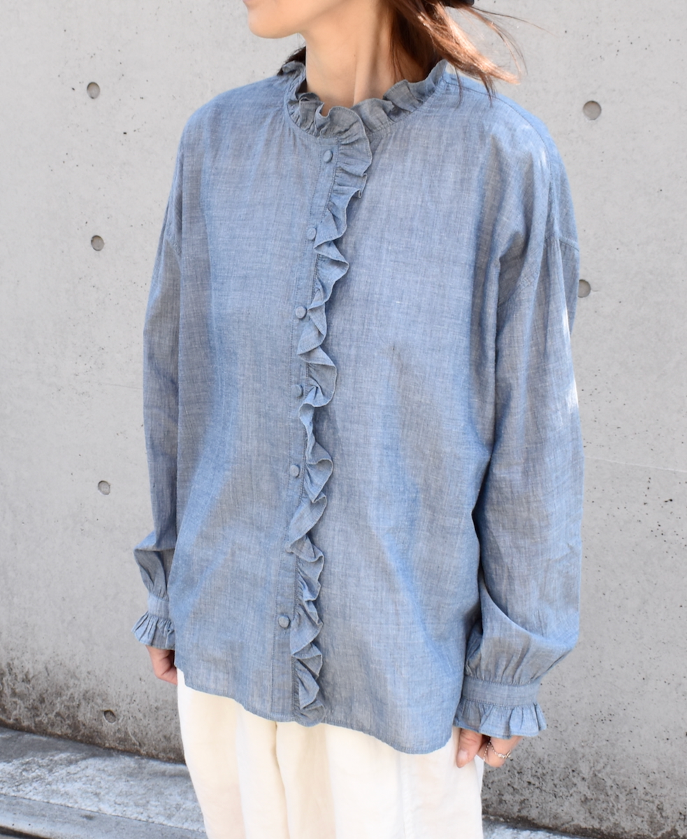 INMDS25062(シャツ) HANDWOVEN YARN DYE NATURAL INDIGO CHAMBRAY FRILL COLLAR SHIRT
