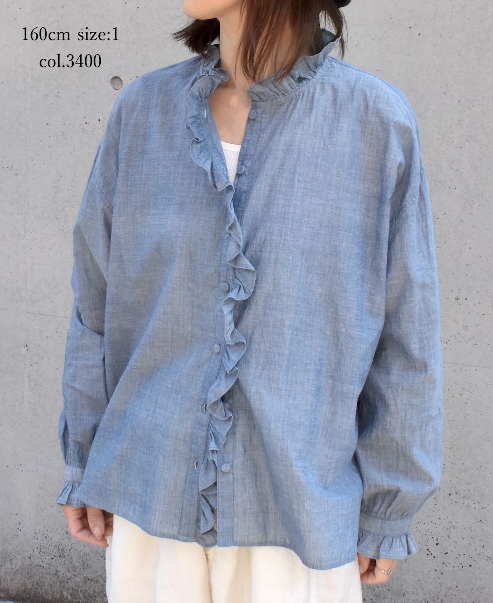 INMDS25062(シャツ) HANDWOVEN YARN DYE NATURAL INDIGO CHAMBRAY FRILL COLLAR SHIRT