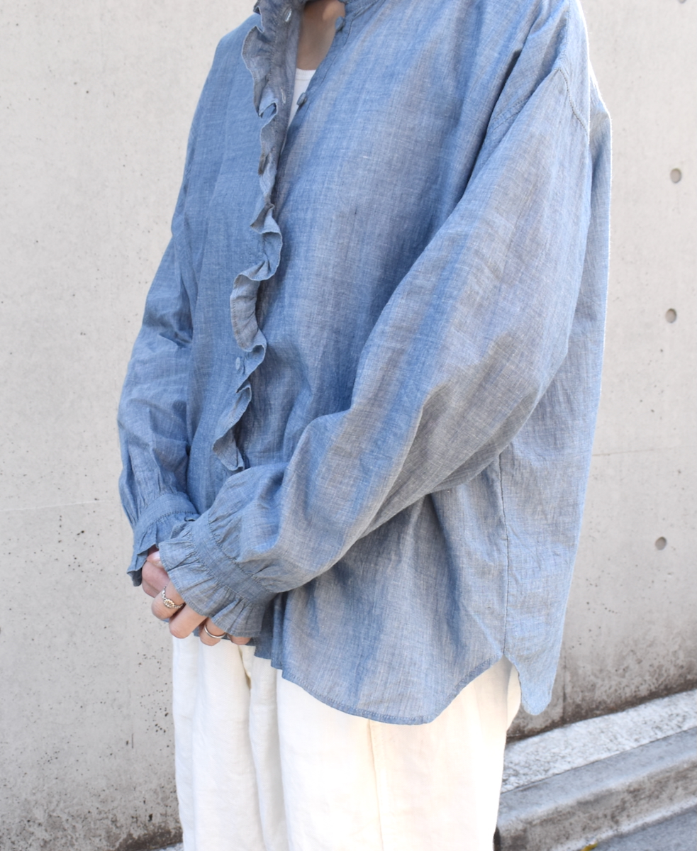 INMDS25062(シャツ) HANDWOVEN YARN DYE NATURAL INDIGO CHAMBRAY FRILL COLLAR SHIRT
