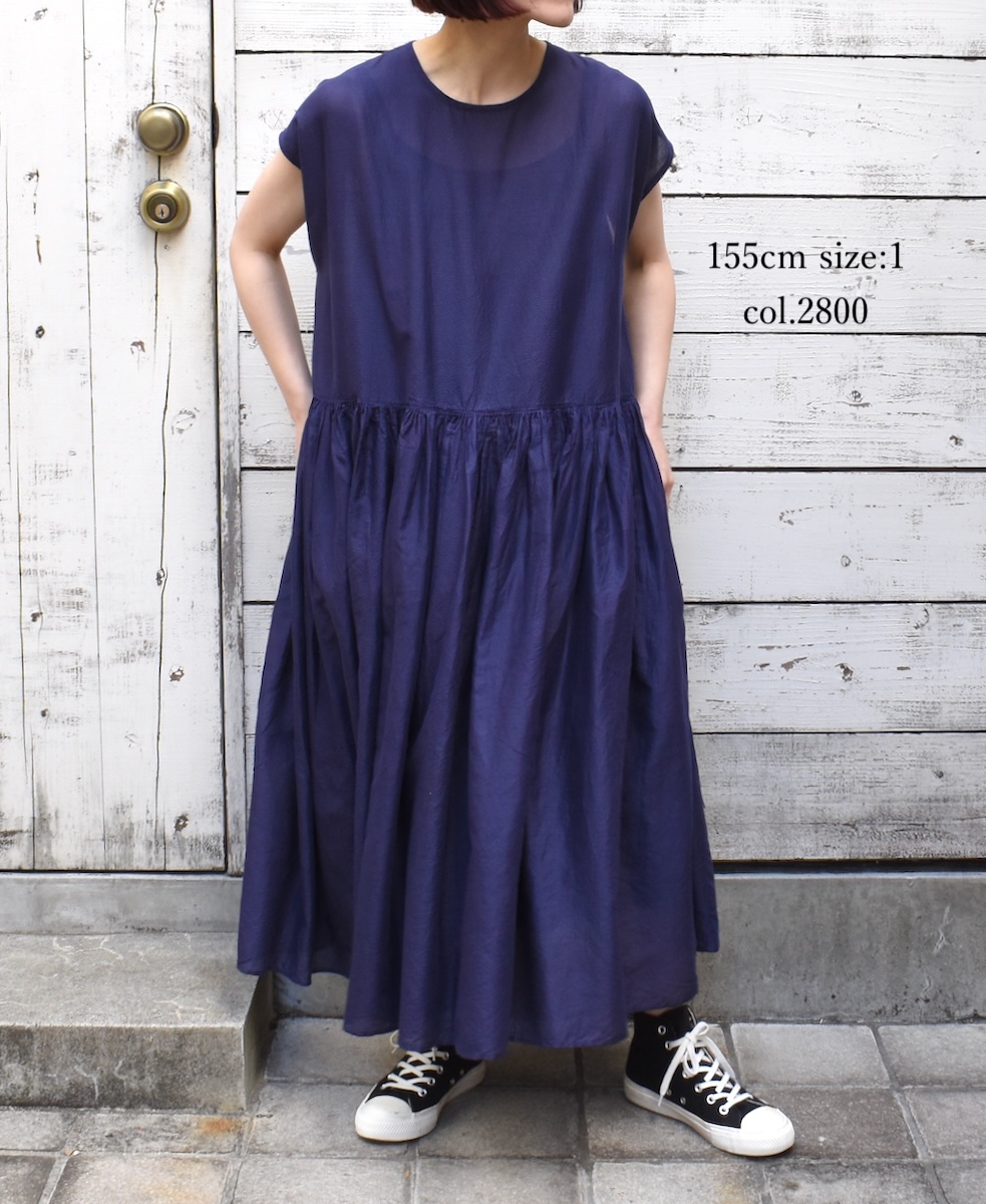 INMDS25034(ワンピース) HANDWOVEN SILK/COTTON MICRO CHECK FRENCH/SL BACK OPENING DRESS WITH RAJASTHAN TUCK GATHER