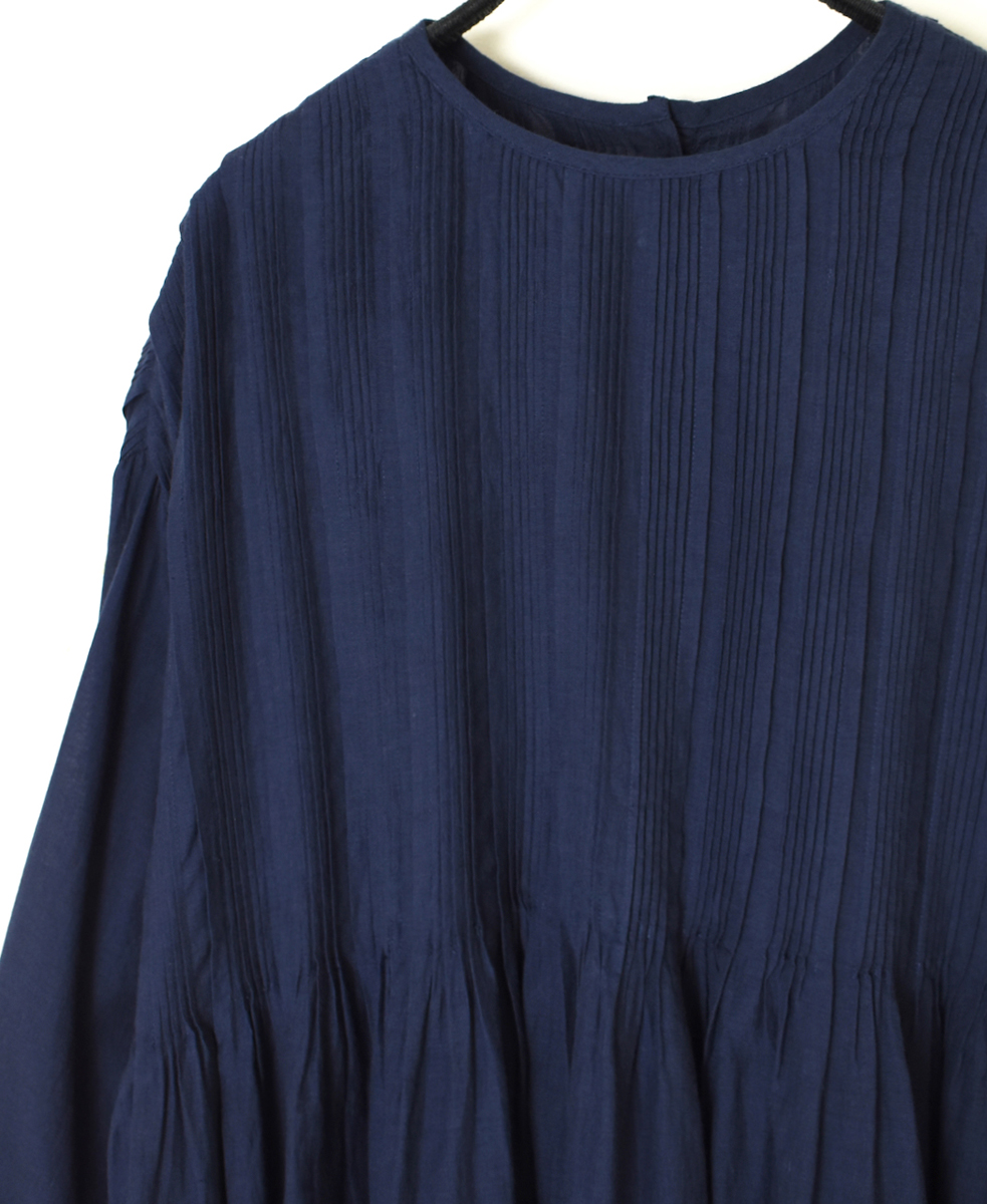 INMDS25044(ワンピース) 100s KHADI(100s×150s) CREW-NECK 3/4SL SHIRT DRESS WITH RANDOM PLEATS