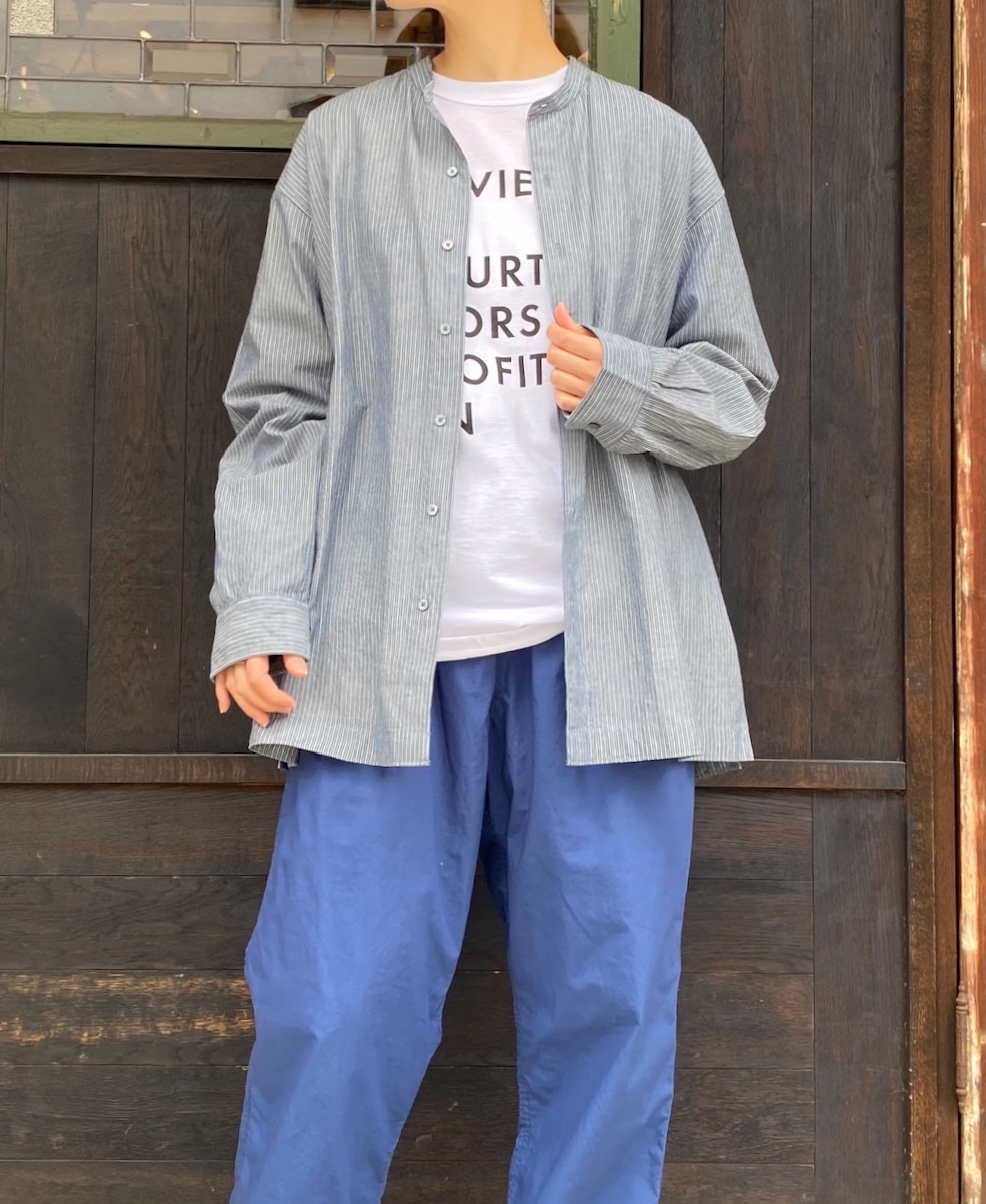 NVL2522(シャツ) POPLIN STRIPE BANDED COLLAR L/SL SHIRT