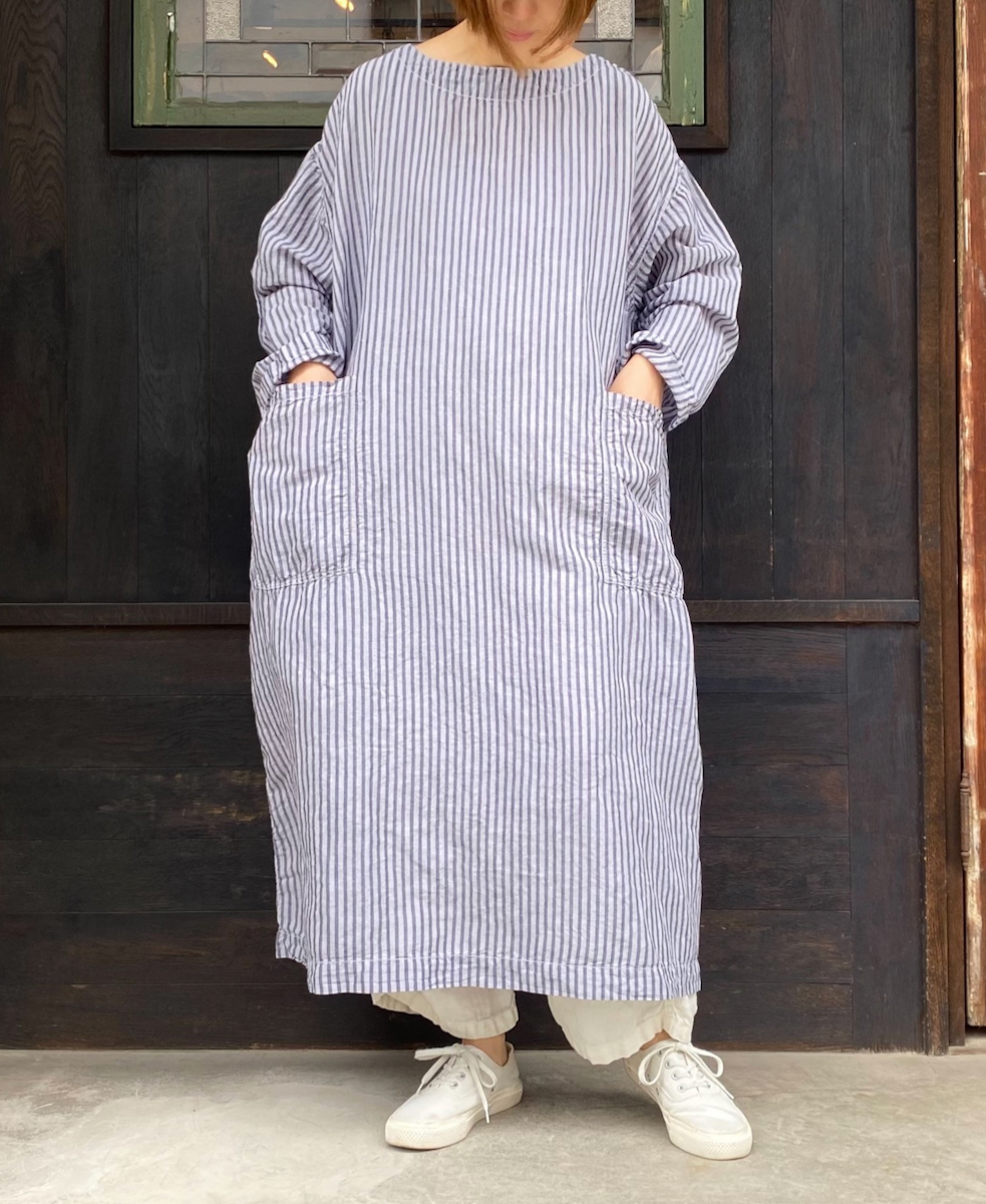 ISNAM2523SD(プルオーバー) COTTON/LINEN STRIPE OVERDYE BOAT NECK LONG PULLOVER