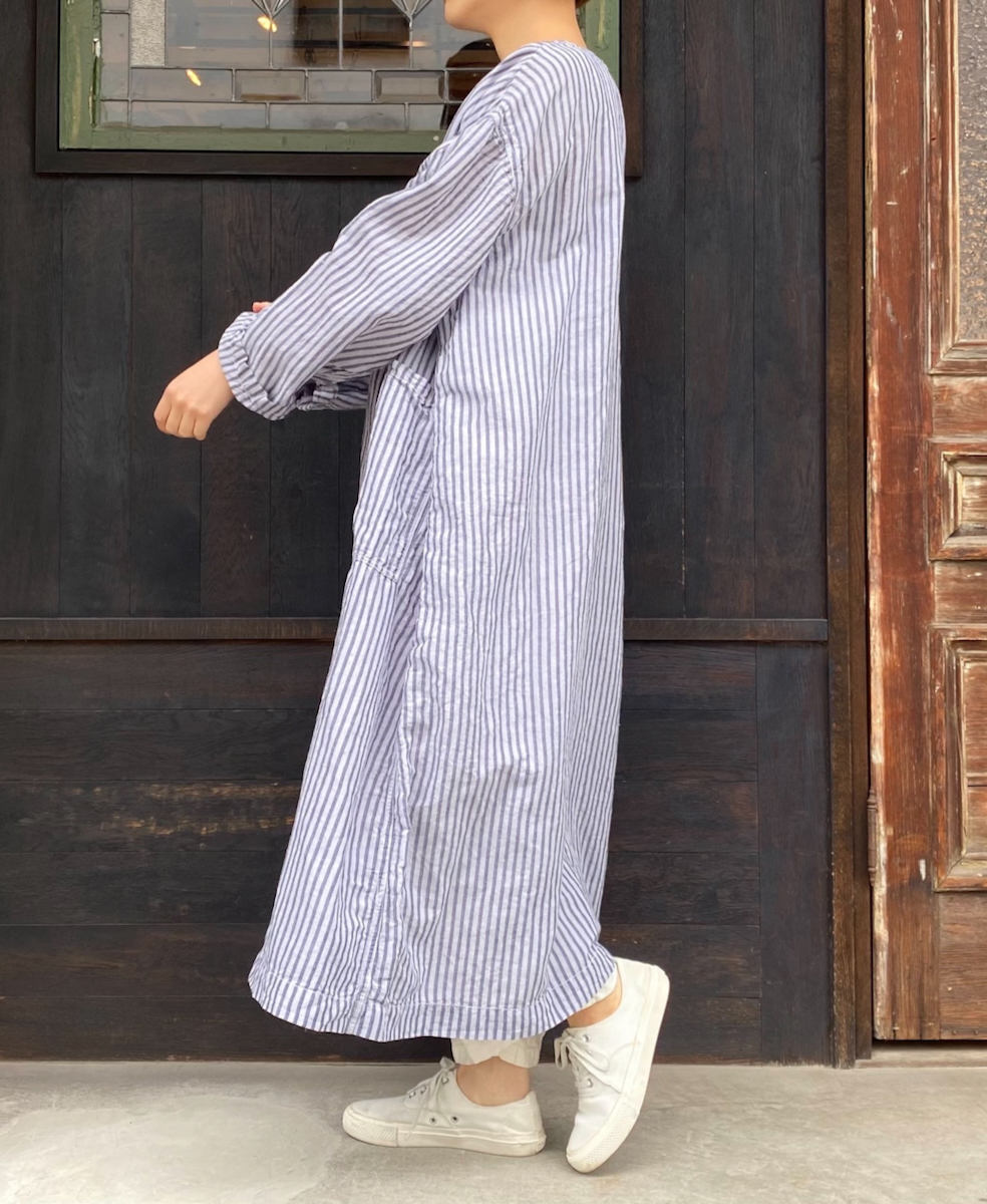ISNAM2523SD(プルオーバー) COTTON/LINEN STRIPE OVERDYE BOAT NECK LONG PULLOVER