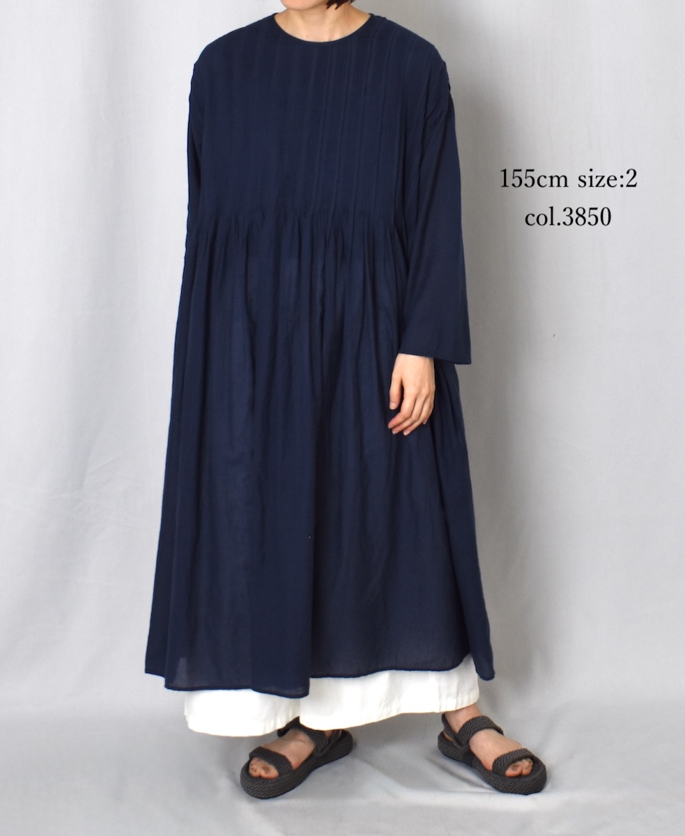 INMDS25044(ワンピース) 100s KHADI(100s×150s) CREW-NECK 3/4SL SHIRT DRESS WITH RANDOM PLEATS