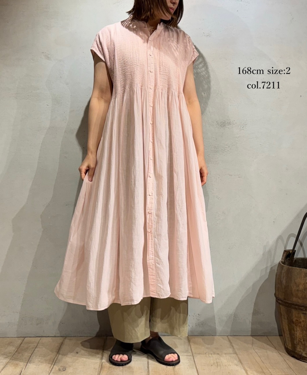 NMDS25234D(シャツ) COTTON&LINEN PATCHWORK(OVERDYE) CREW-NECK BANDED F/SL SHIRT DRESS WITH MINI PINTUCK