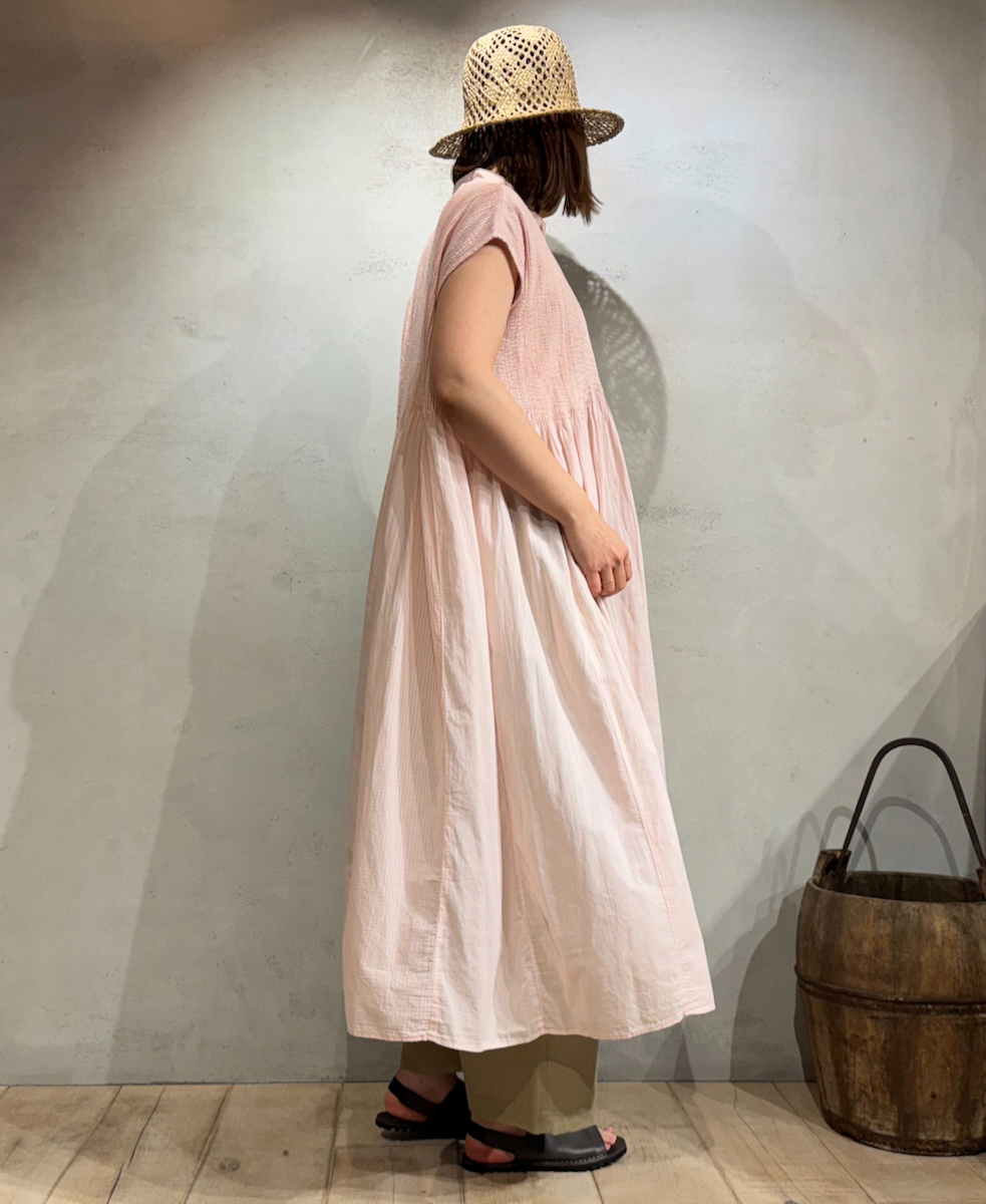 NMDS25234D(シャツ) COTTON&LINEN PATCHWORK(OVERDYE) CREW-NECK BANDED F/SL SHIRT DRESS WITH MINI PINTUCK