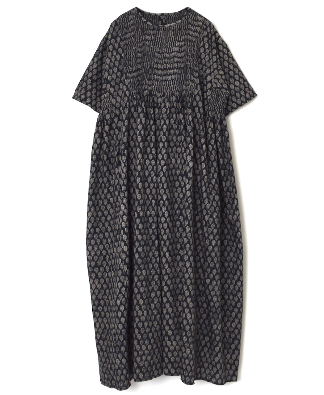 INMDS25114(ワンピース) COTTON SILK HAND SCREEN LEAF PRINT CREW-NECK HALF/SL DRESS WITH MINI PINTUCK