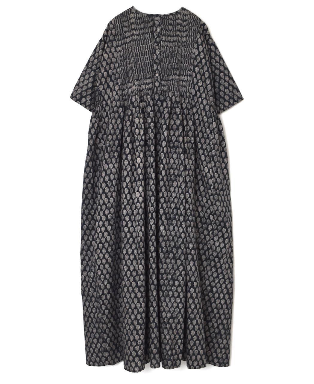 INMDS25114(ワンピース) COTTON SILK HAND SCREEN LEAF PRINT CREW-NECK HALF/SL DRESS WITH MINI PINTUCK