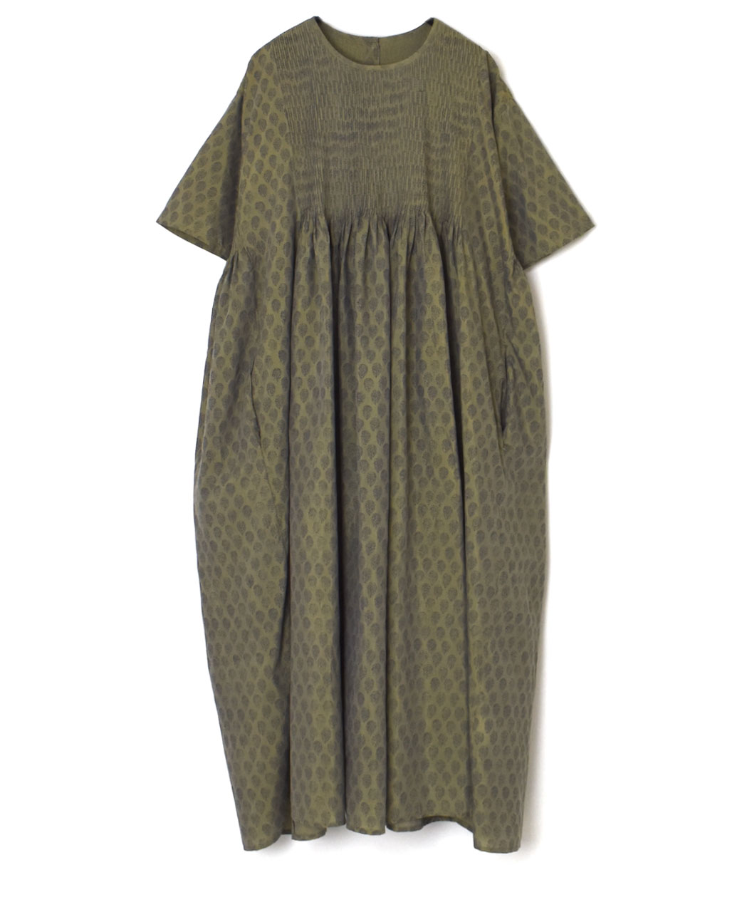 INMDS25114(ワンピース) COTTON SILK HAND SCREEN LEAF PRINT CREW-NECK HALF/SL DRESS WITH MINI PINTUCK