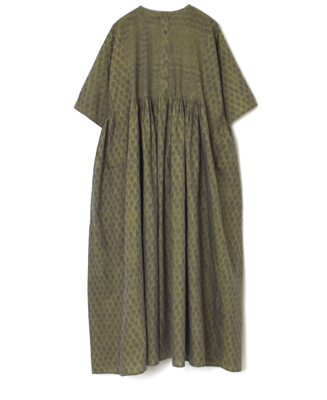 INMDS25114(ワンピース) COTTON SILK HAND SCREEN LEAF PRINT CREW-NECK HALF/SL DRESS WITH MINI PINTUCK