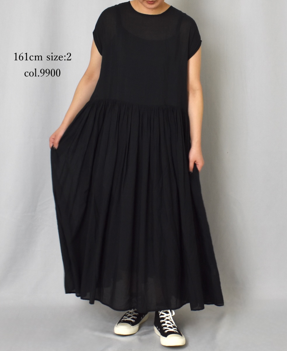 INMDS25034(ワンピース) HANDWOVEN SILK/COTTON MICRO CHECK FRENCH/SL BACK OPENING DRESS WITH RAJASTHAN TUCK GATHER