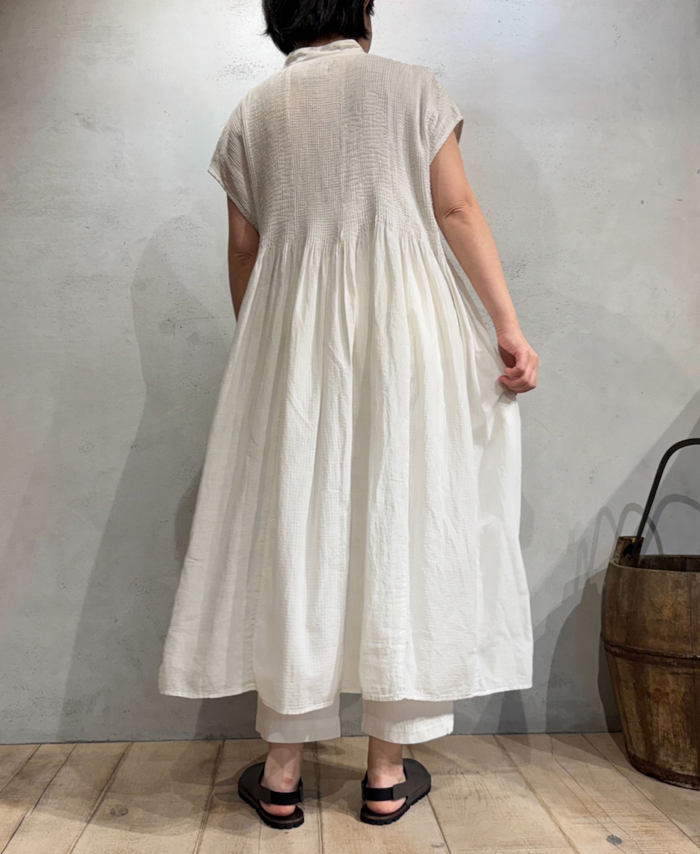 NMDS25234D(シャツ) COTTON&LINEN PATCHWORK(OVERDYE) CREW-NECK BANDED F/SL SHIRT DRESS WITH MINI PINTUCK
