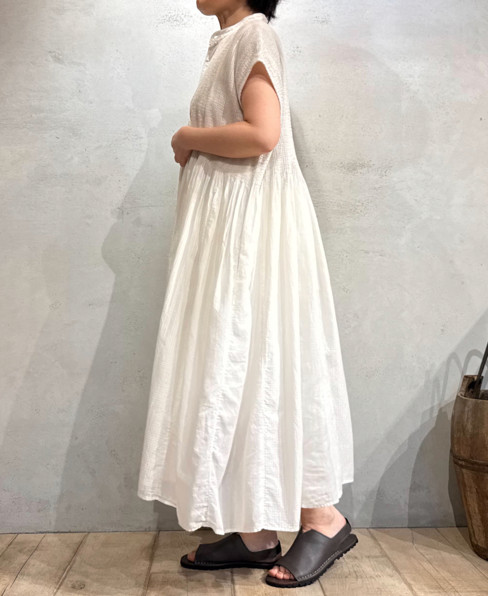 NMDS25234D(シャツ) COTTON&LINEN PATCHWORK(OVERDYE) CREW-NECK BANDED F/SL SHIRT DRESS WITH MINI PINTUCK