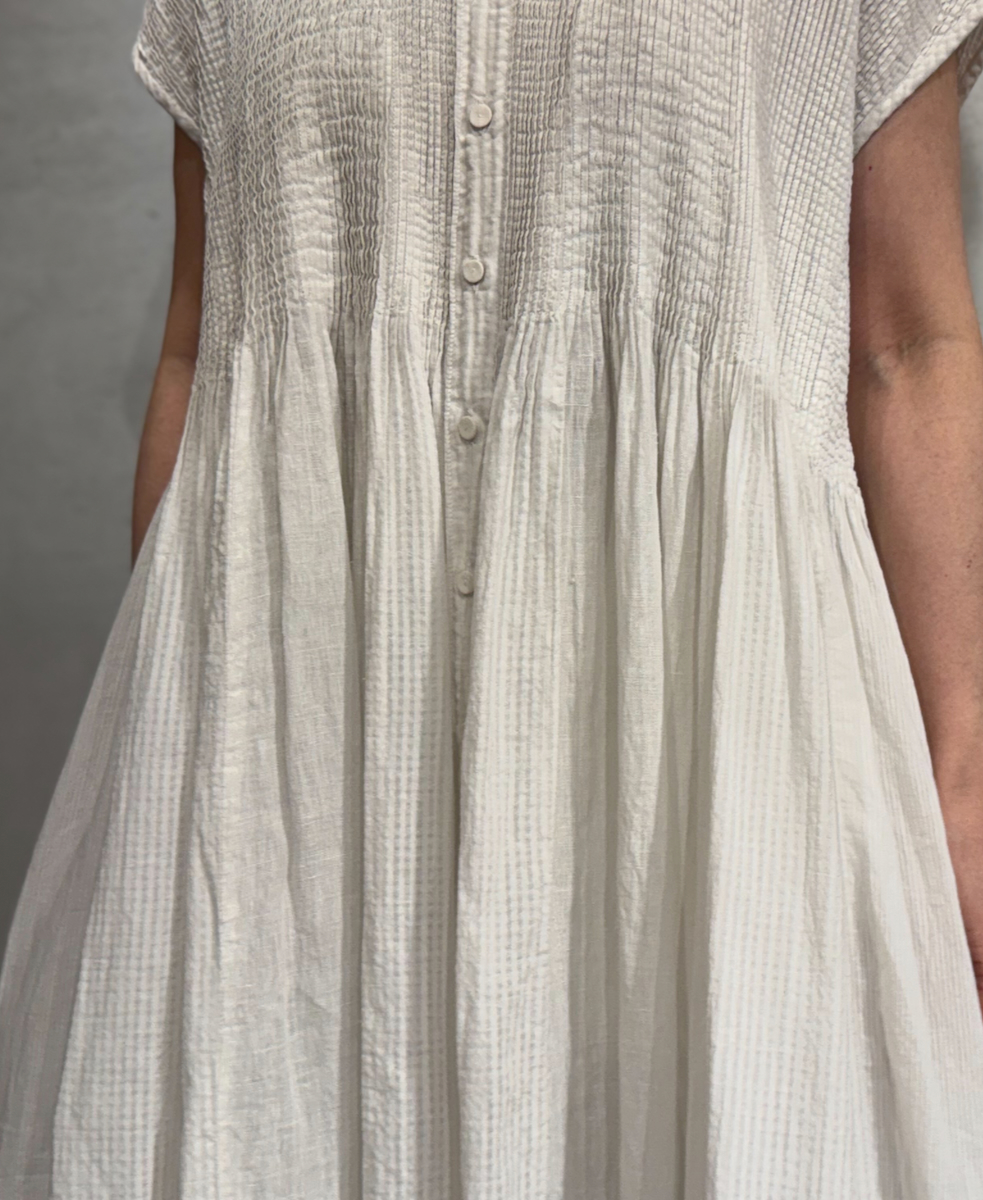 NMDS25234D(シャツ) COTTON&LINEN PATCHWORK(OVERDYE) CREW-NECK BANDED F/SL SHIRT DRESS WITH MINI PINTUCK