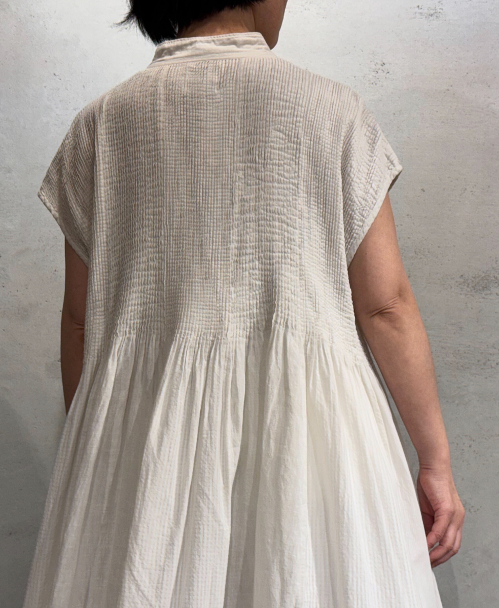 NMDS25234D(シャツ) COTTON&LINEN PATCHWORK(OVERDYE) CREW-NECK BANDED F/SL SHIRT DRESS WITH MINI PINTUCK