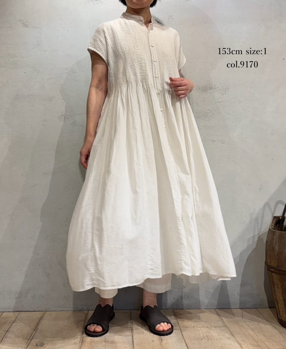 NMDS25234D(シャツ) COTTON&LINEN PATCHWORK(OVERDYE) CREW-NECK BANDED F/SL SHIRT DRESS WITH MINI PINTUCK