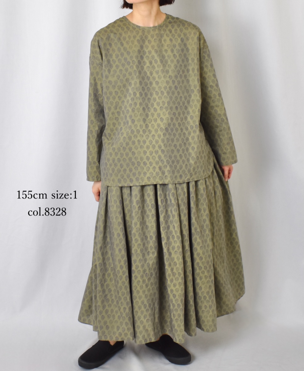 INMDS25115(スカート) COTTON SILK HAND SCREEN LEAF PRINT GATHERED SKIRT