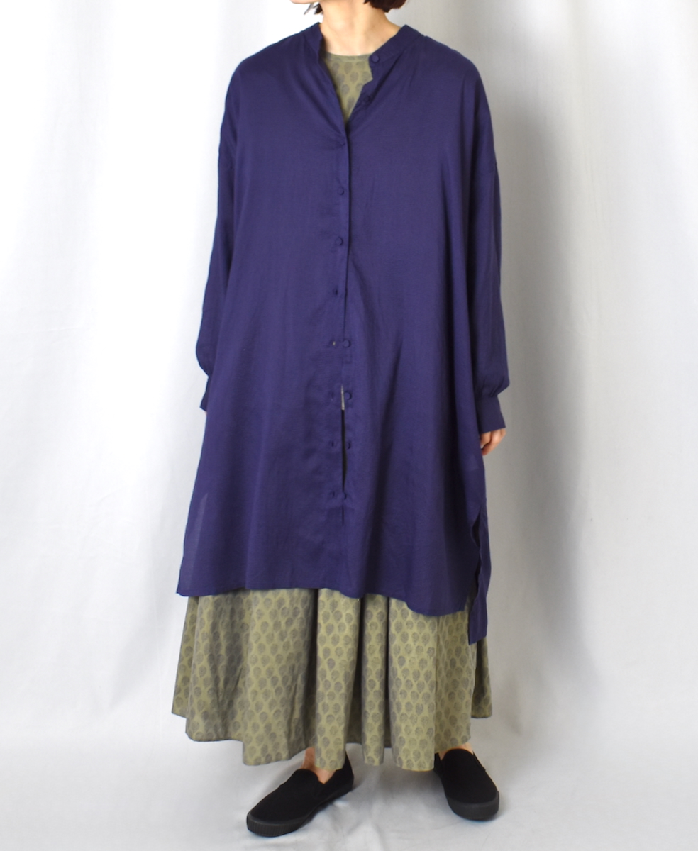 INMDS25033(シャツ) HANDWOVEN SILK/COTTON MICRO CHECK BANDED COLLAR MAXI SHIRT