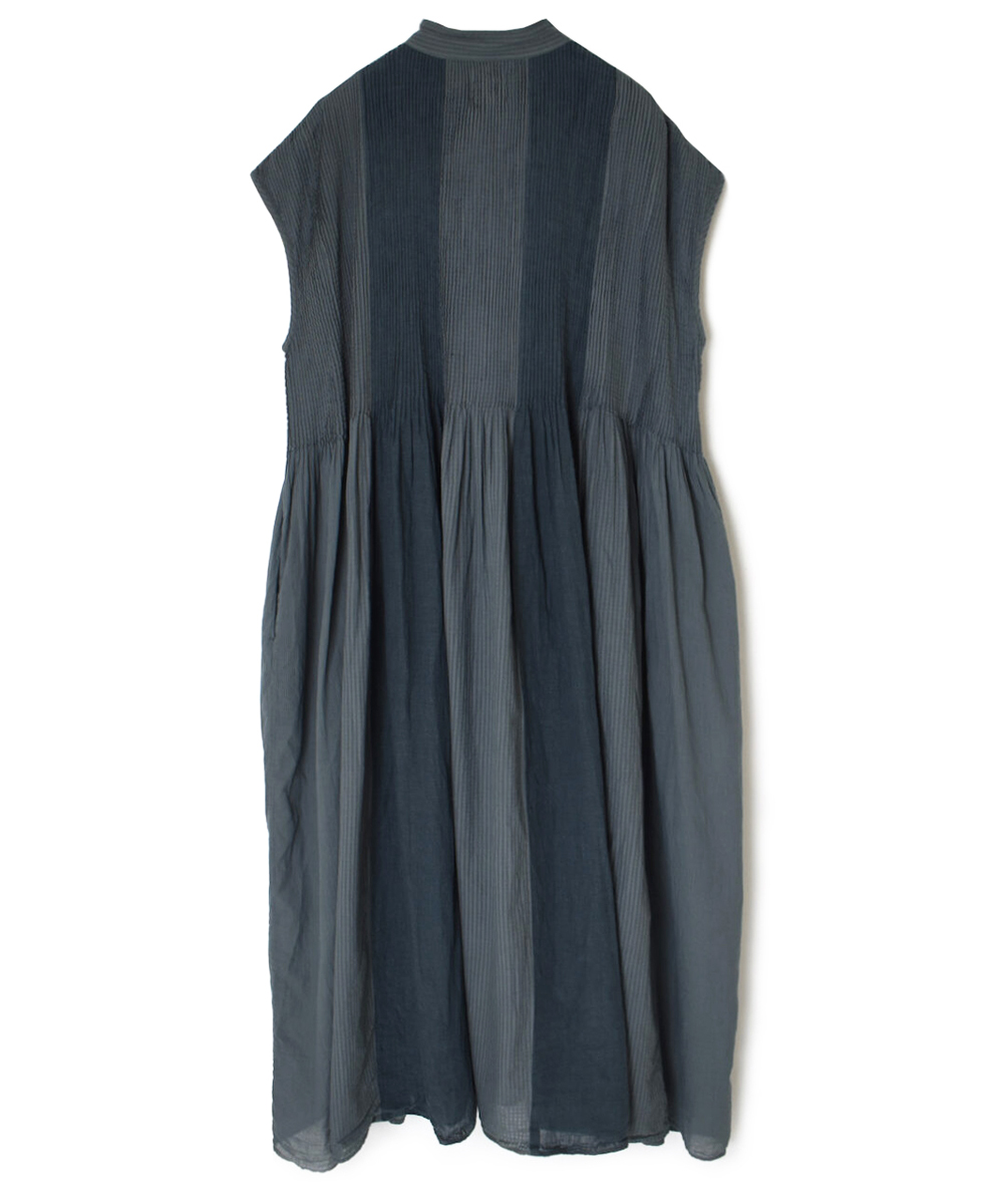 NMDS25234D(シャツ) COTTON&LINEN PATCHWORK(OVERDYE) CREW-NECK BANDED F/SL SHIRT DRESS WITH MINI PINTUCK