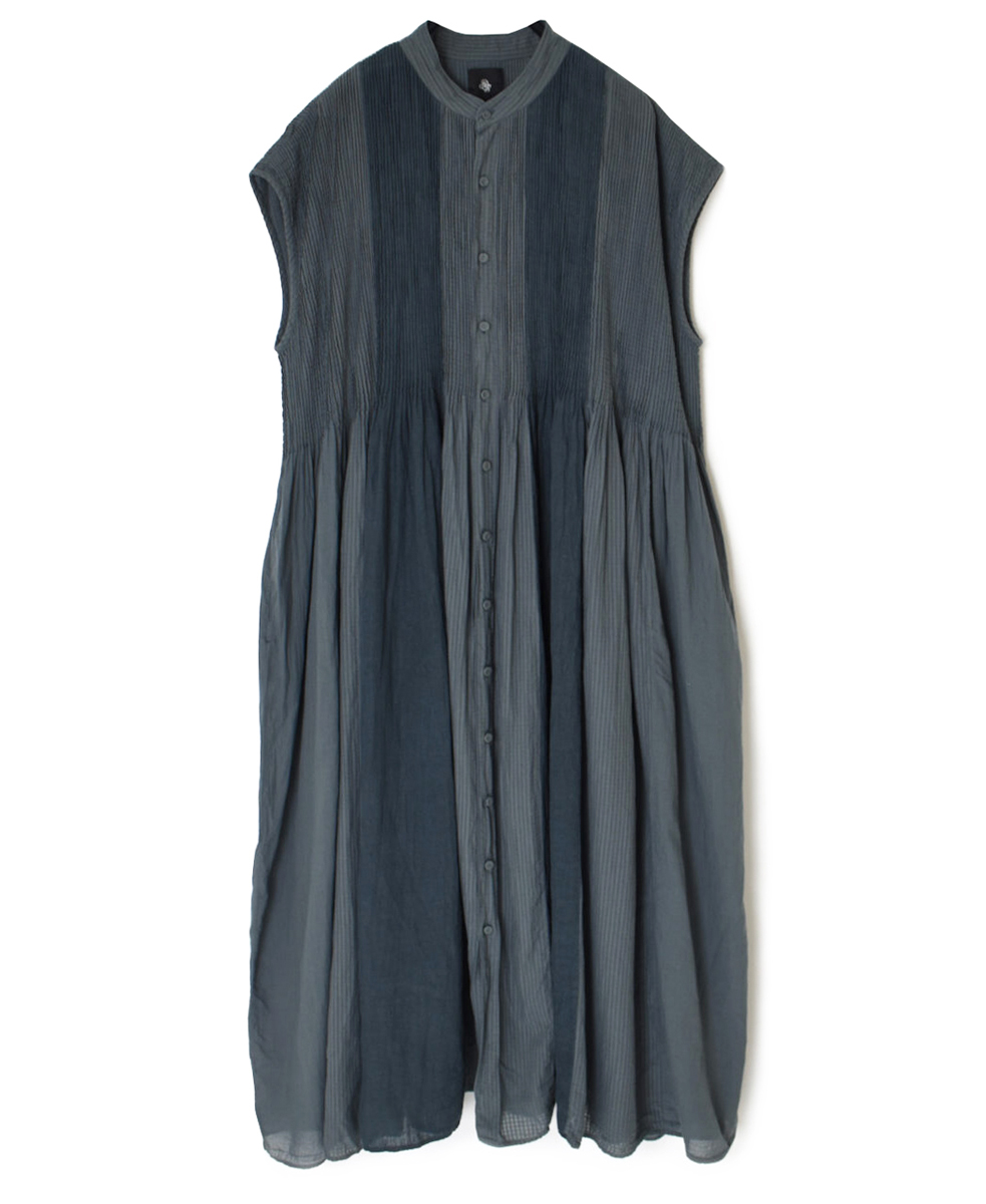 NMDS25234D(シャツ) COTTON&LINEN PATCHWORK(OVERDYE) CREW-NECK BANDED F/SL SHIRT DRESS WITH MINI PINTUCK