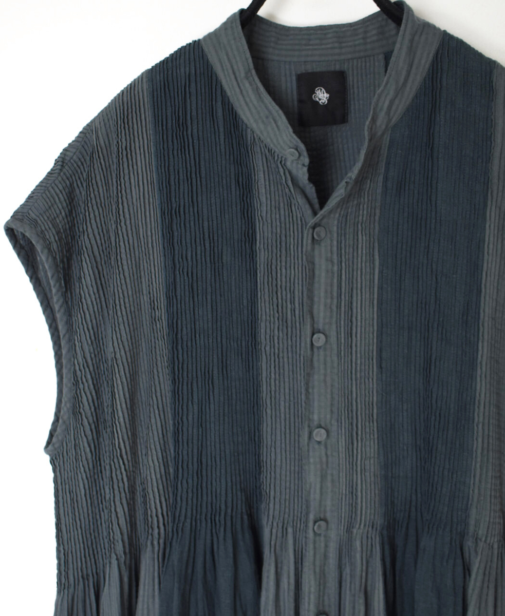 NMDS25234D(シャツ) COTTON&LINEN PATCHWORK(OVERDYE) CREW-NECK BANDED F/SL SHIRT DRESS WITH MINI PINTUCK