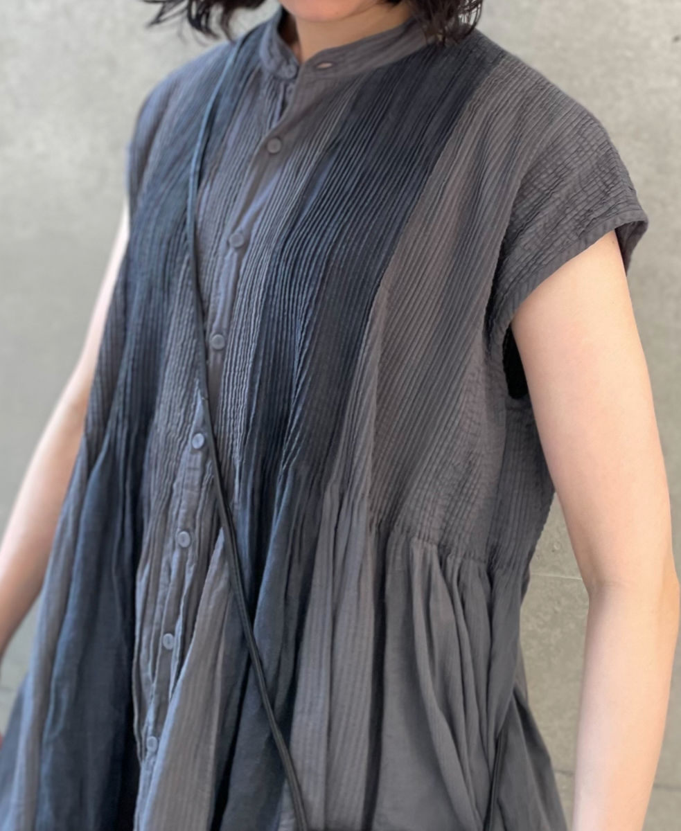 NMDS25234D(シャツ) COTTON&LINEN PATCHWORK(OVERDYE) CREW-NECK BANDED F/SL SHIRT DRESS WITH MINI PINTUCK