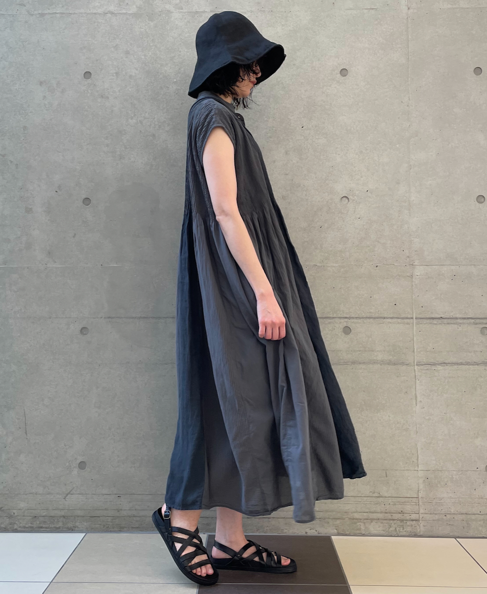NMDS25234D(シャツ) COTTON&LINEN PATCHWORK(OVERDYE) CREW-NECK BANDED F/SL SHIRT DRESS WITH MINI PINTUCK