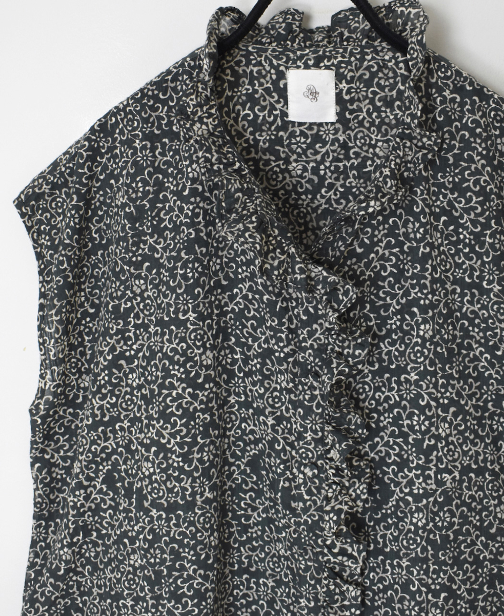 INMDS25092(シャツ) POWER LOOM COTTON DOBIE CHECK ARABESQUE SCREEN PRINT NO/SL FRILL COLLAR SHIRT