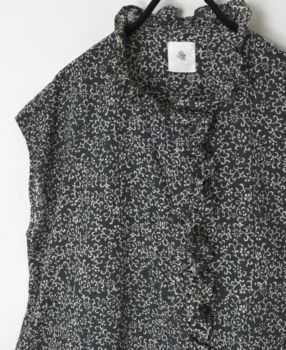 INMDS25092(シャツ) POWER LOOM COTTON DOBIE CHECK ARABESQUE SCREEN PRINT NO/SL FRILL COLLAR SHIRT