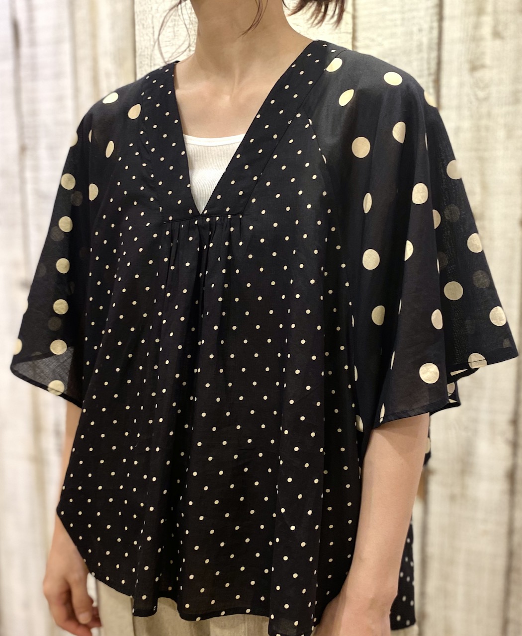 NSL25015(シャツ) 80s VOILE DOT PRINT(PATCHWORK) V-NECK FRARED SLEEVE PULLOVER