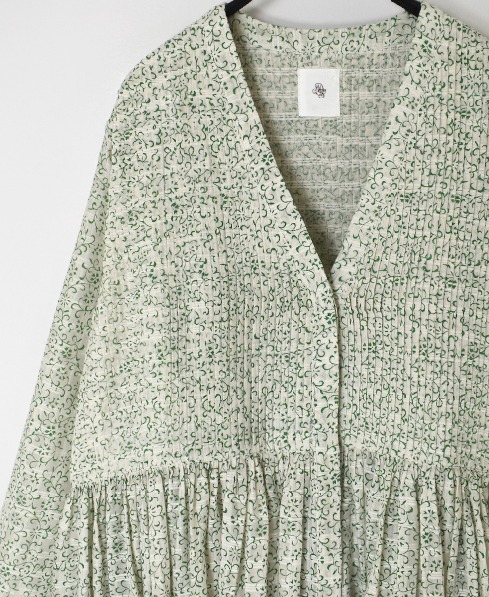 INMDS25094(ワンピース) POWER LOOM COTTON DOBIE CHECK ARABESQUE SCREEN PRINT WRAP DRESS WITH PINTUCK
