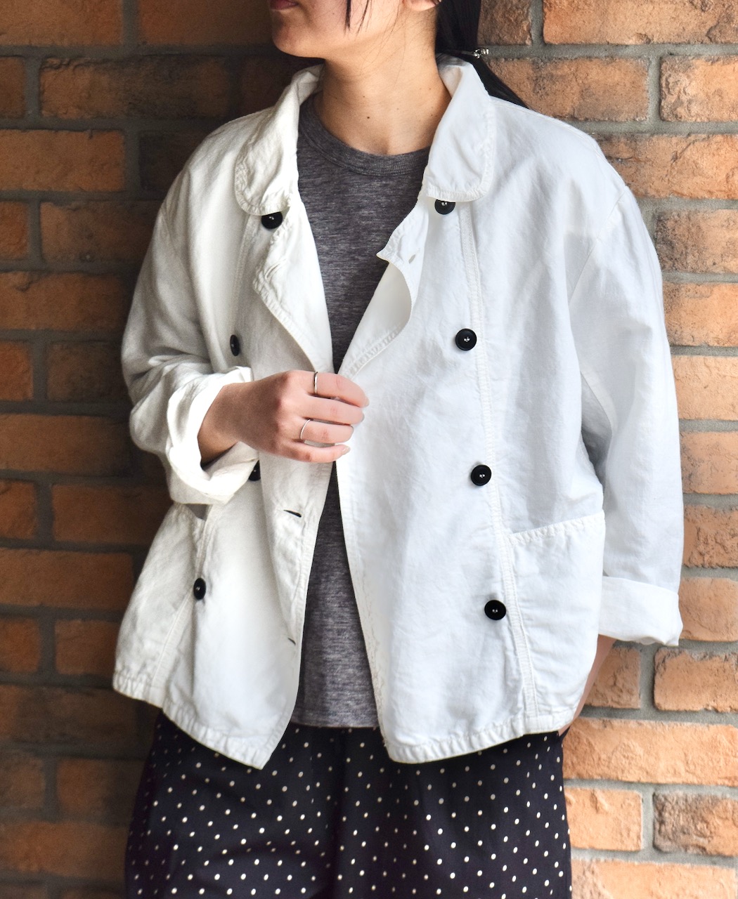ISNAM2402D(ジャケット) COTTON LINEN OVERDYE ROUND COLLAR DOUBLE JACKET