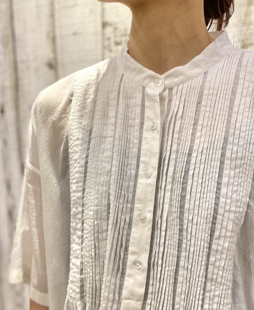 NSL25043(シャツ) 80s COTTON VOILE PLAIN BANDED COLLAR S/SL PINTUCK SHIRT