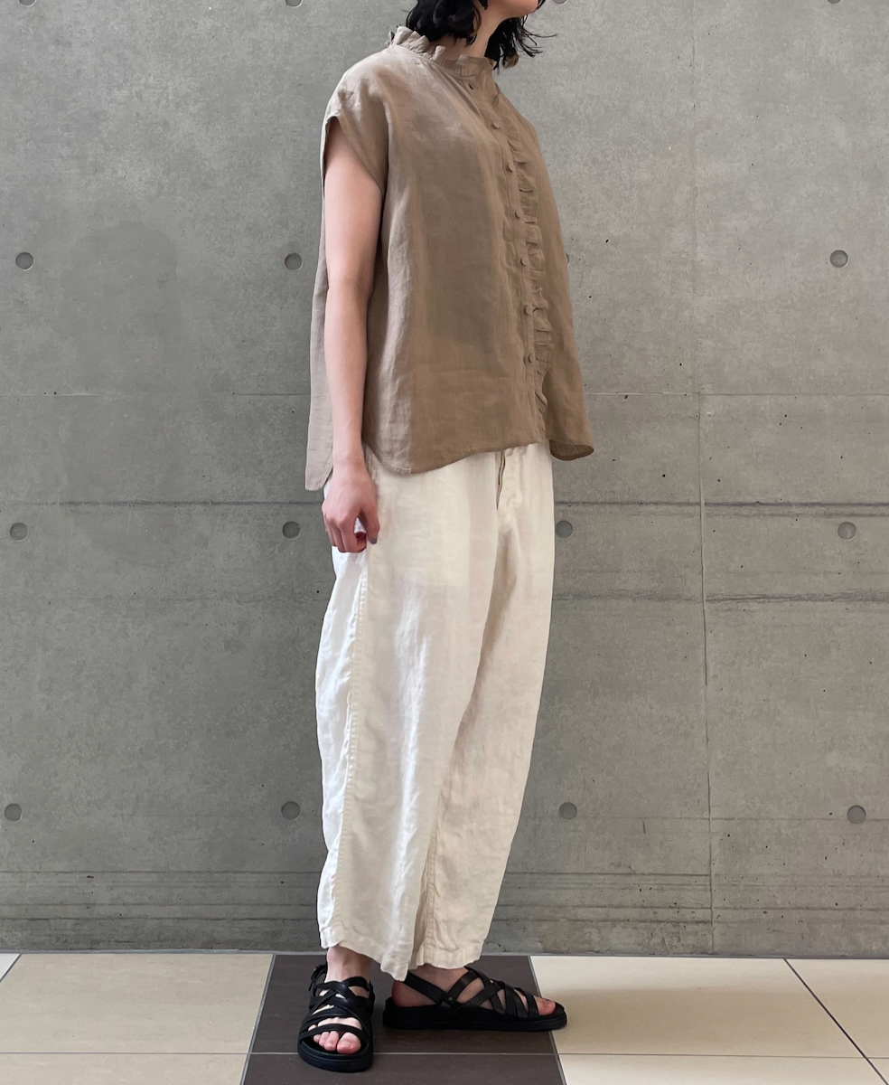 INMDS25005(シャツ)YARN DYE AUTO LOOM 60s LINEN PLAIN NO/SL FRILL COLLAR SHIRT