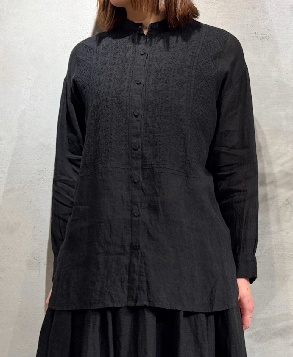 NMDS25241(シャツ) 80s POWER LOOM LINEN PLAIN BANDED COLLAR EMB SHIRT