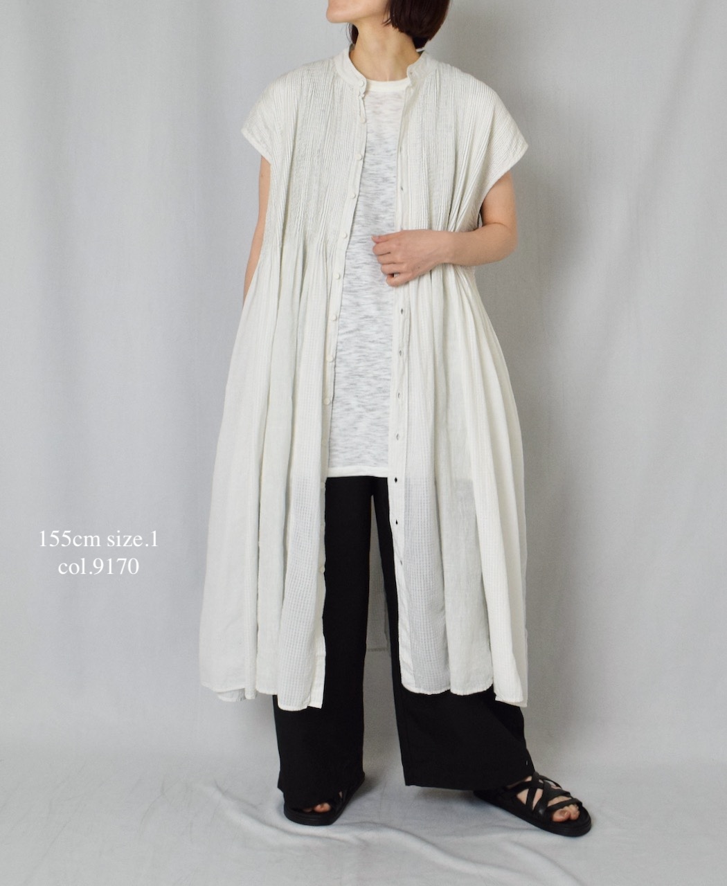 NMDS25234D(シャツ) COTTON&LINEN PATCHWORK(OVERDYE) CREW-NECK BANDED F/SL SHIRT DRESS WITH MINI PINTUCK