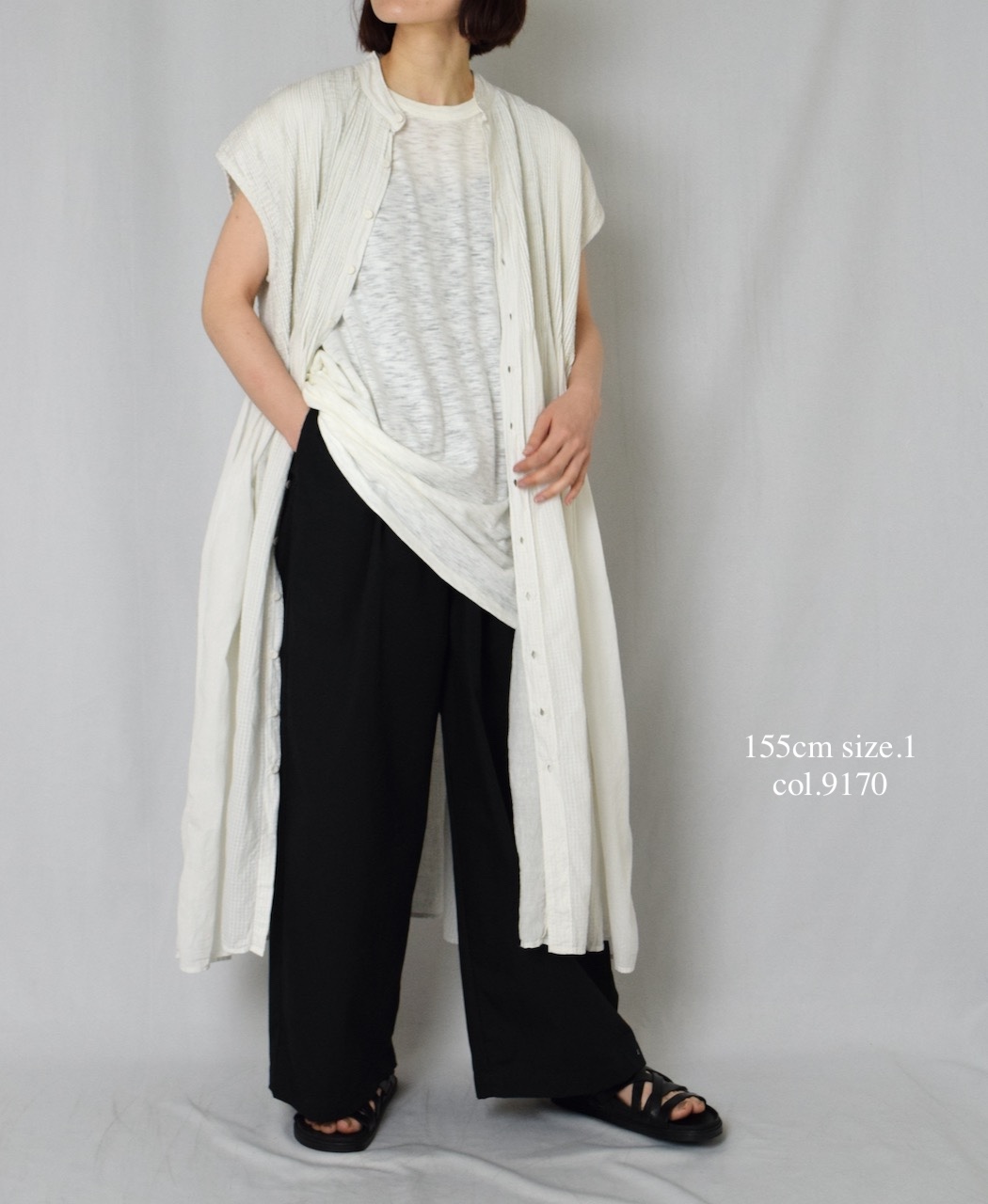 NMDS25234D(シャツ) COTTON&LINEN PATCHWORK(OVERDYE) CREW-NECK BANDED F/SL SHIRT DRESS WITH MINI PINTUCK